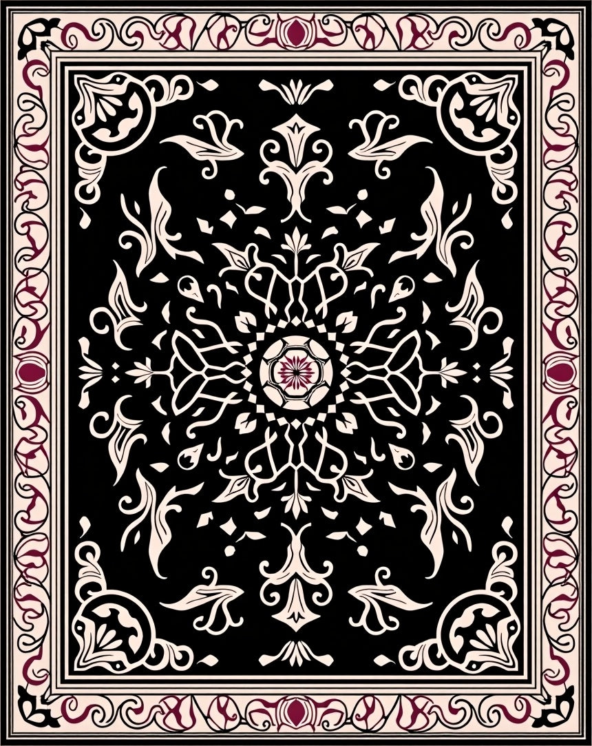 Black Cream Burgundy Floral Medallion Rug