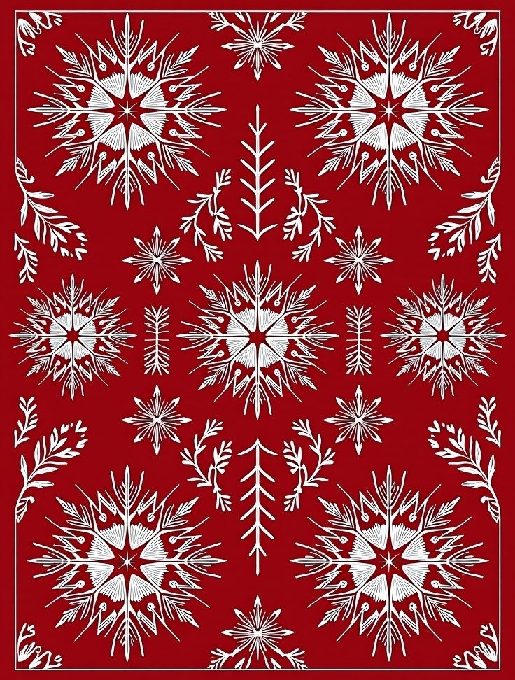 Red White Snowflakes Floral Pattern Rug