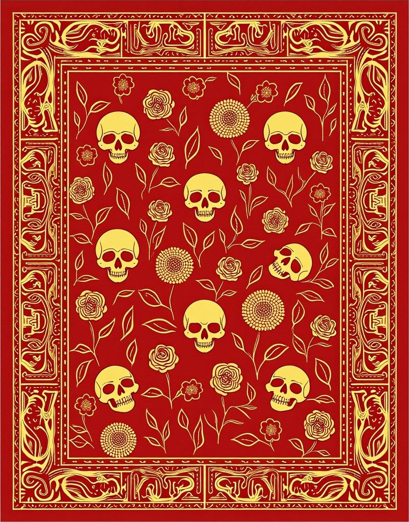 Red Gold Skull Floral Pattern Rug