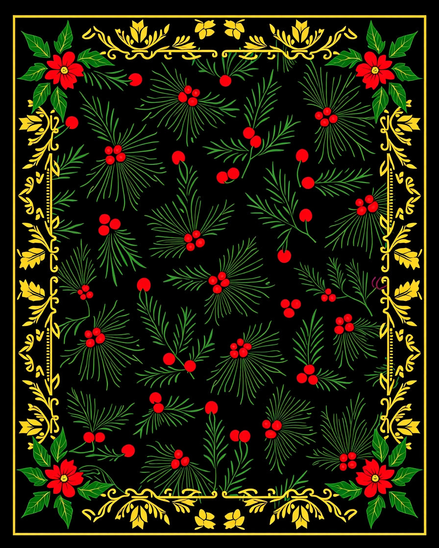 Red Floral Green Berry Border Rug