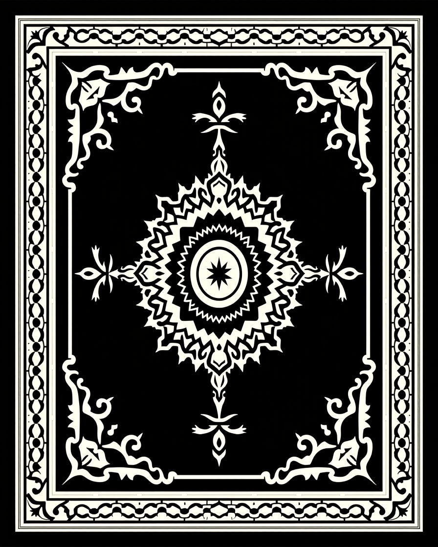 Intricate Black White Starburst Mandala Frame Rug