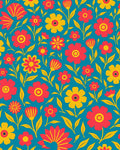 Retro Floral Pattern on Teal Background Rug