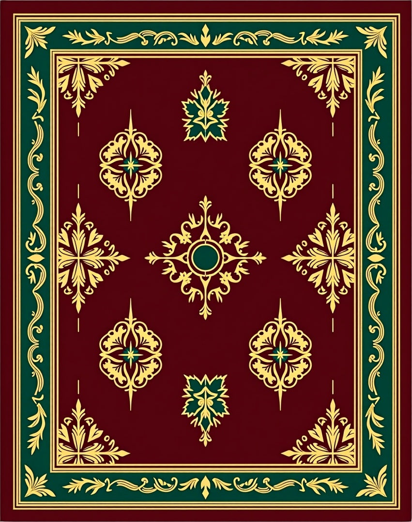 Ornate Burgundy Gold Green Medallion Rug