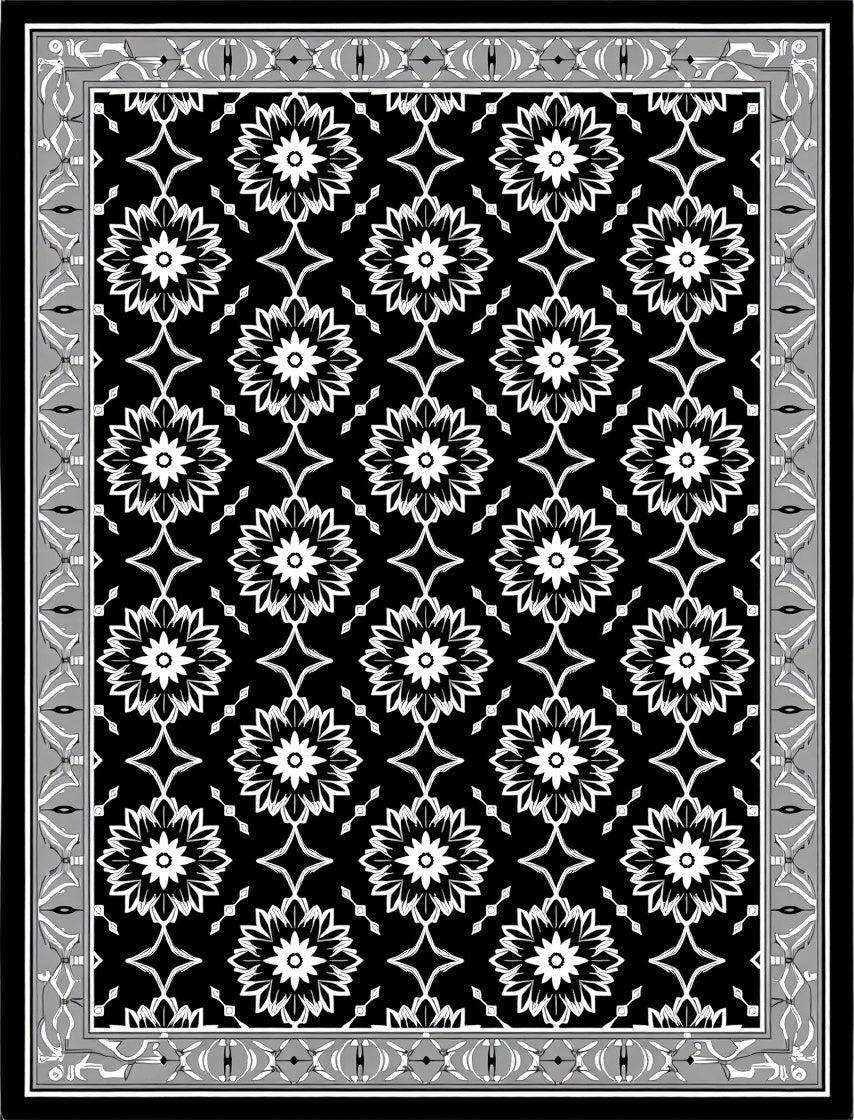Striking Black White Floral Medallion Border Rug