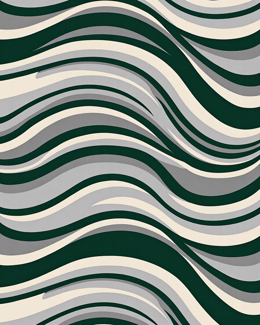 Dark Green Cream Gray Wavy Flow Rug