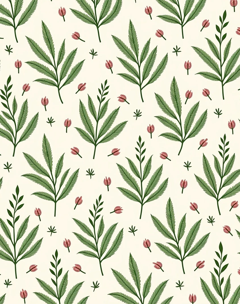 Green Leaf and Pink Bud Pattern Rug