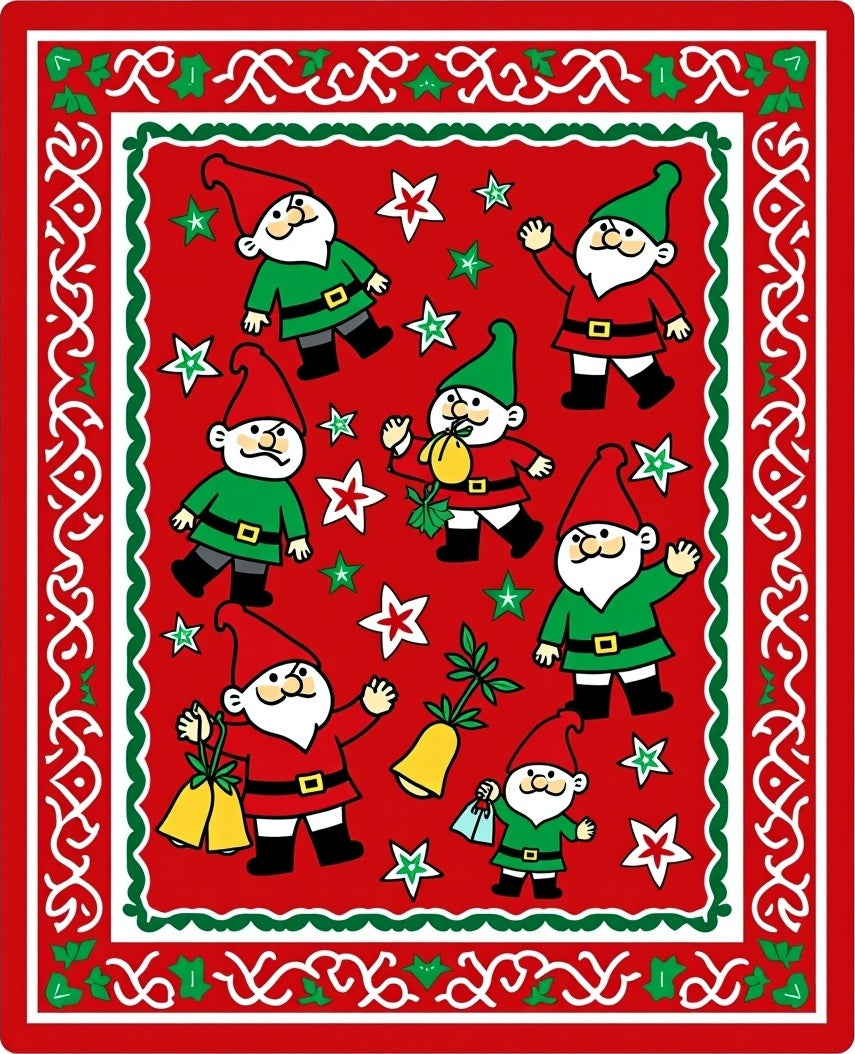 Festive Garden Gnomes Red Christmas Rug