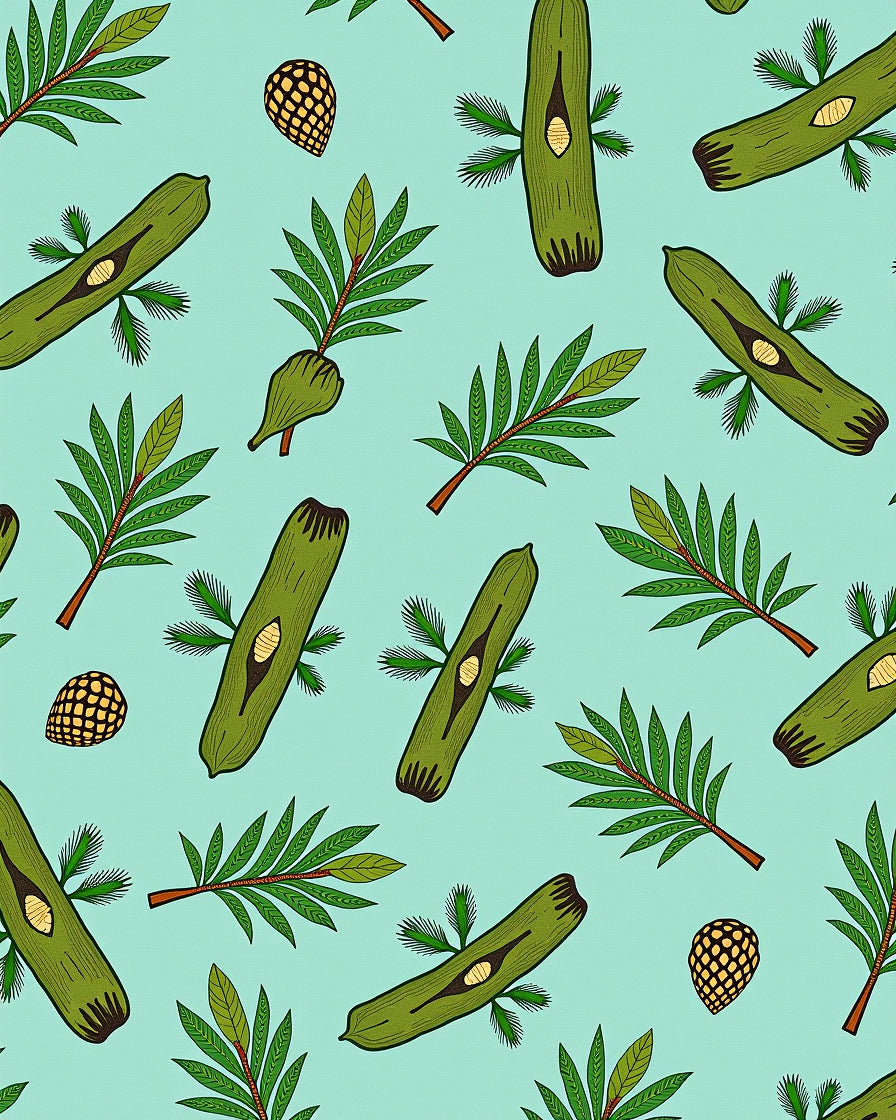 Green Botanical Leaf and Seed Pattern Rug