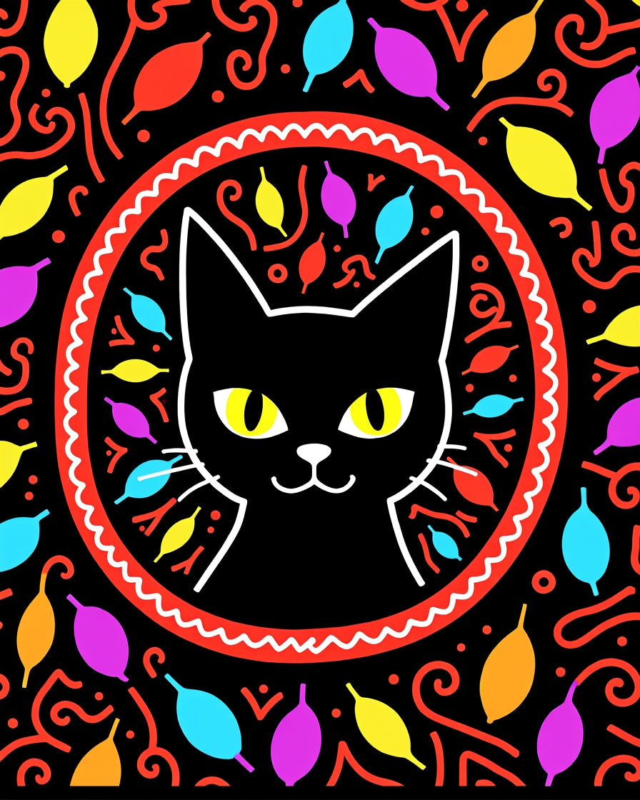 Black Cat Colorful Whimsical Art Rug