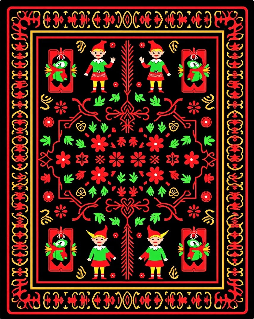 Red Black Elf Floral Border Rug