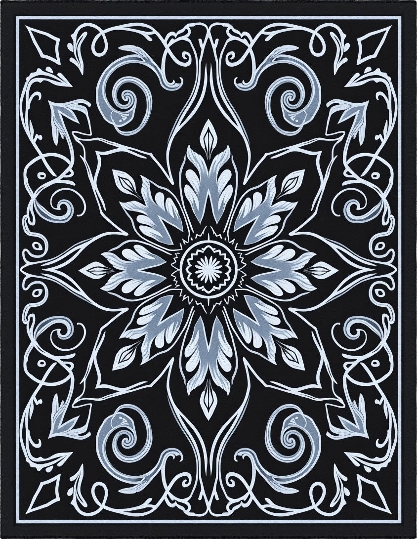 Black White Grey Floral Medallion Rug
