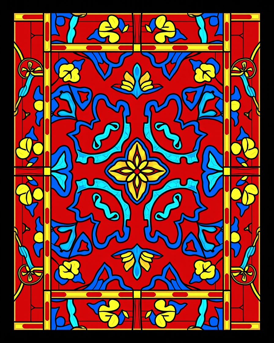 Bold Red Blue Yellow Floral Stained Glass Rug