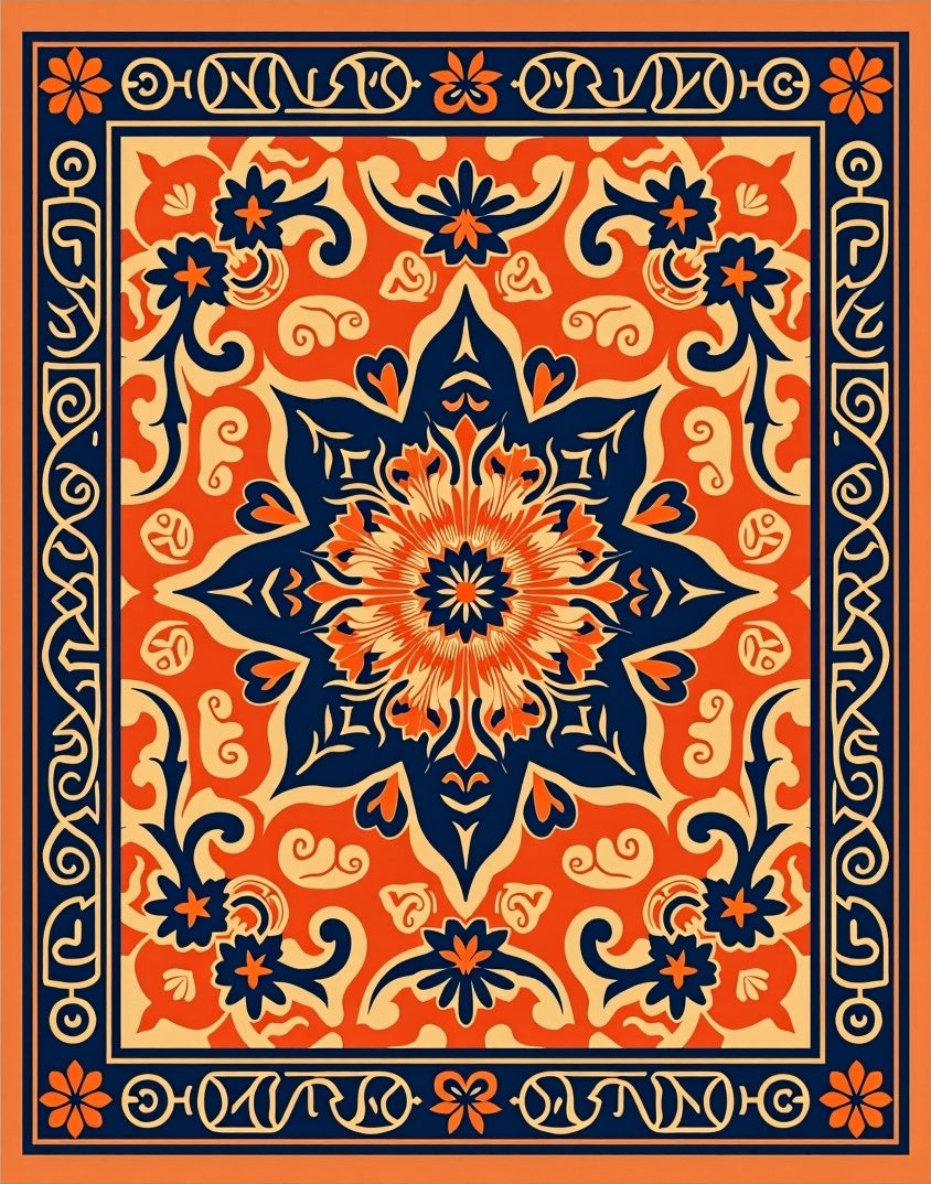 Bold Orange Navy Floral Medallion Pattern Rug