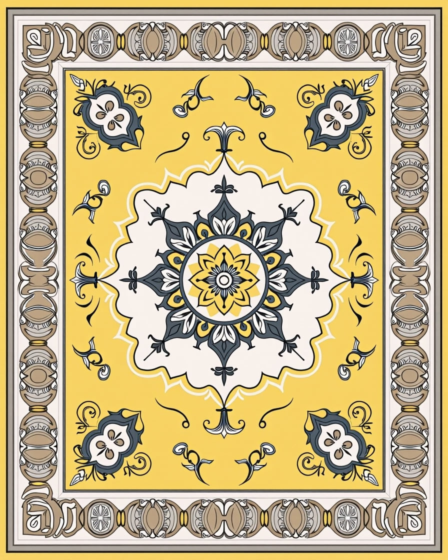 Bright Yellow Floral Mandala Design Rug