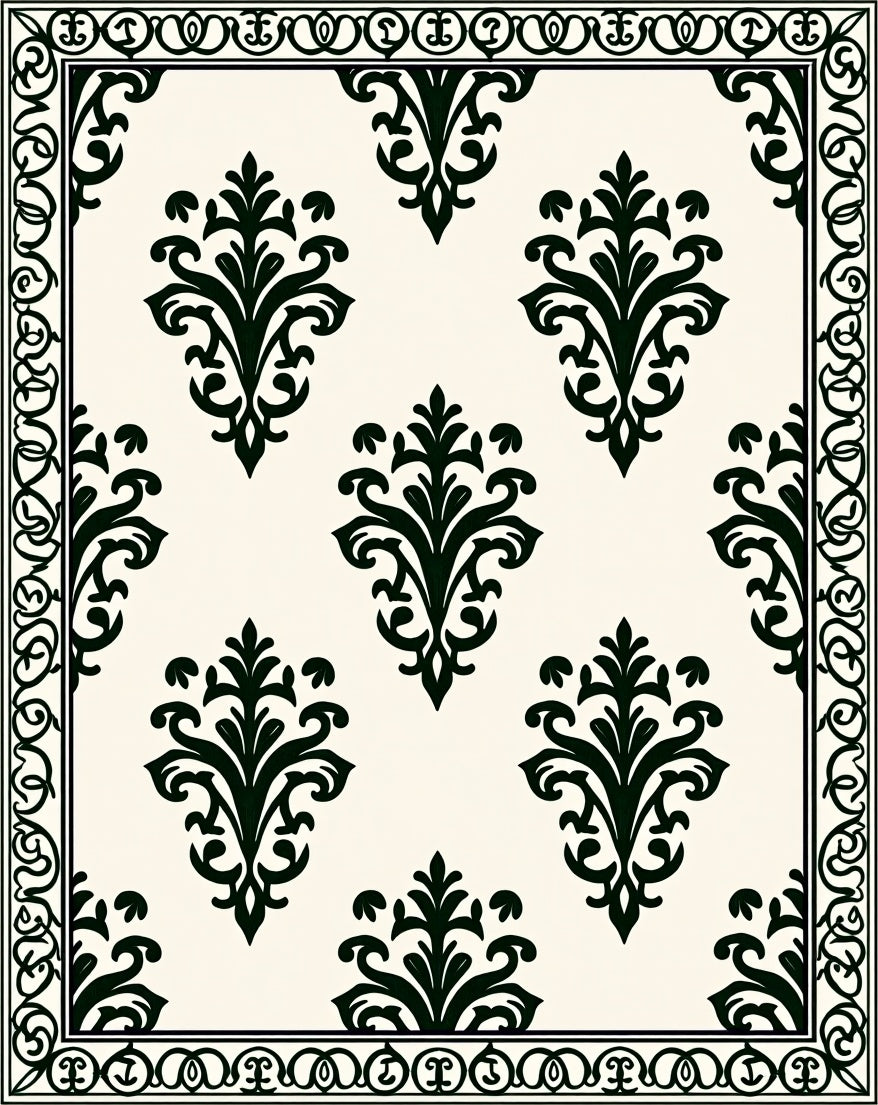 Classic Black Damask Floral Pattern Rug