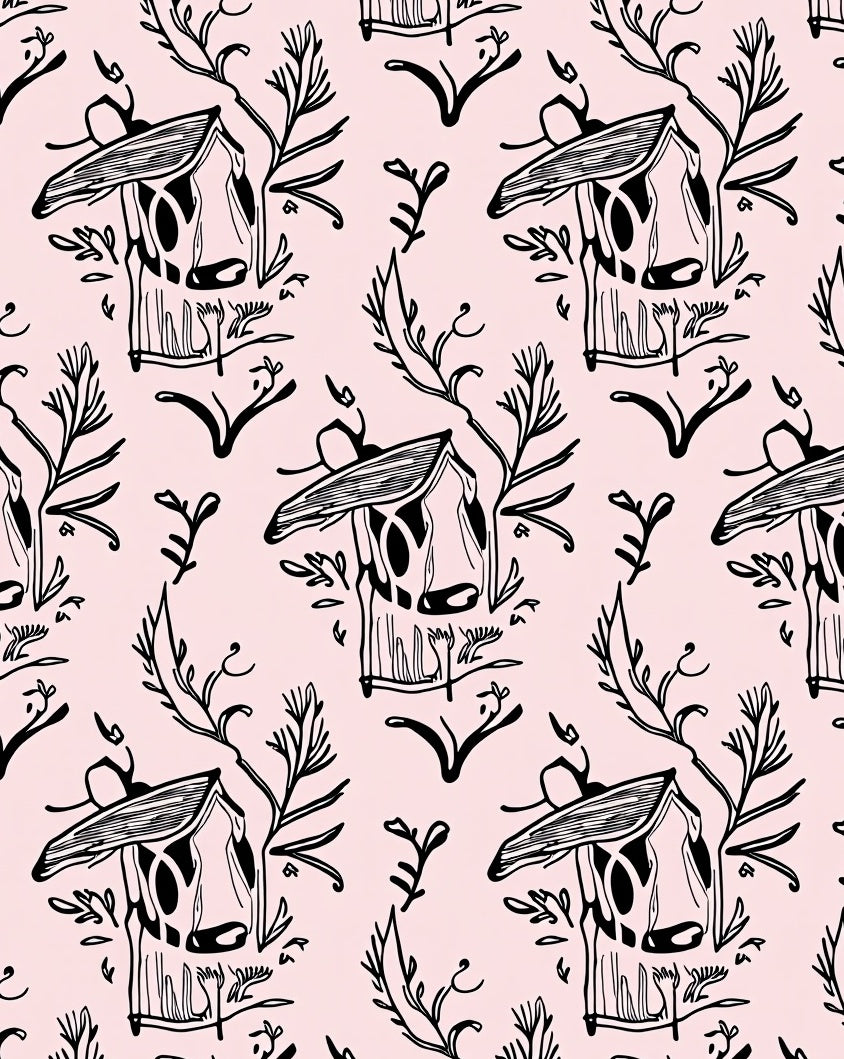 Hand-Drawn Whimsical Birdhouse Botanical Pattern Rug