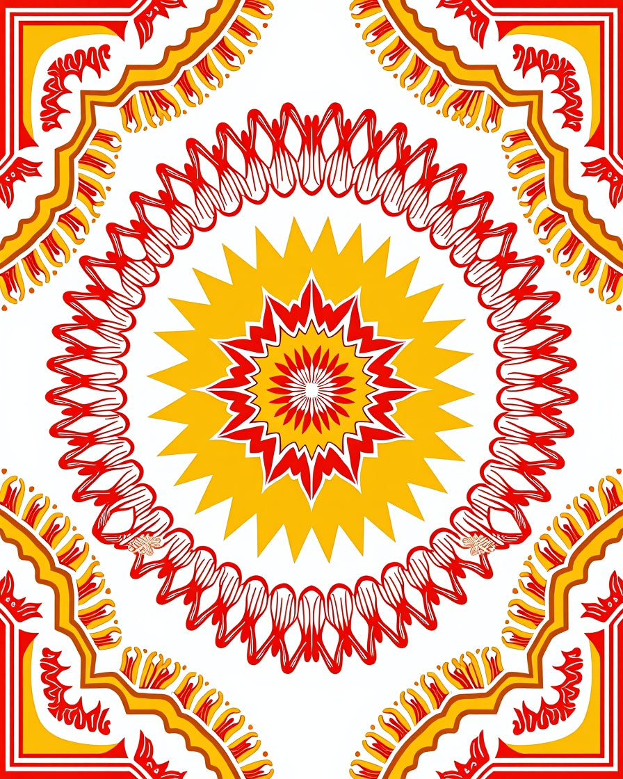 Red Yellow Intricate Floral Medallion Design Rug