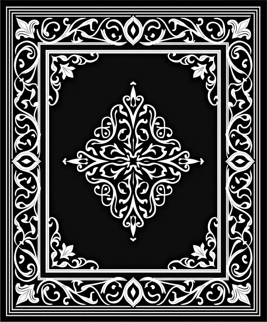 Elegant Black White Floral Scroll Rug