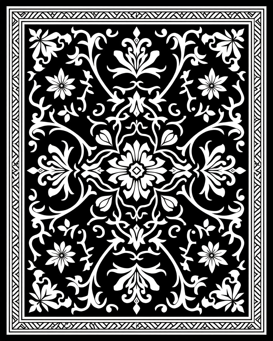Black White Damask Floral Scroll Pattern Rug