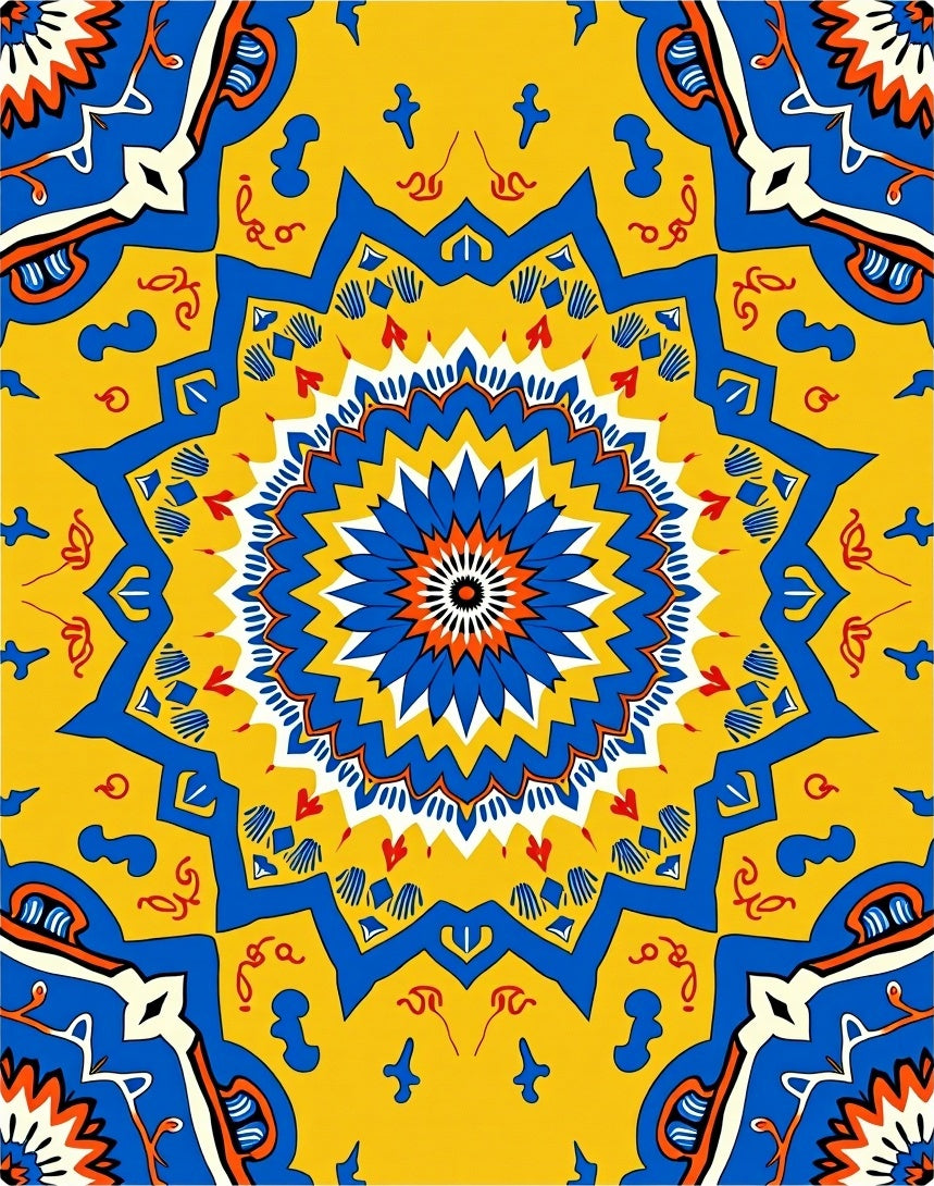 Vibrant Yellow Blue Floral Medallion Pattern Rug