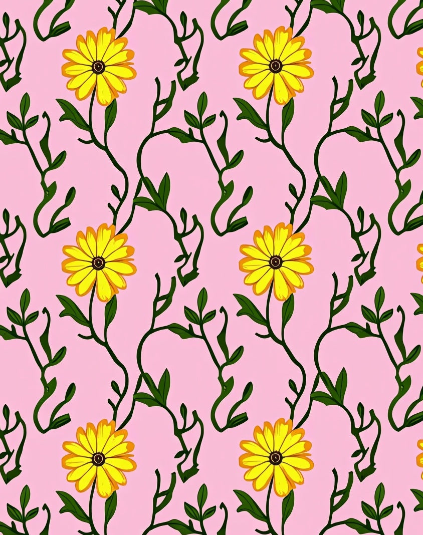 Vibrant Yellow Flower Vine Pattern Rug