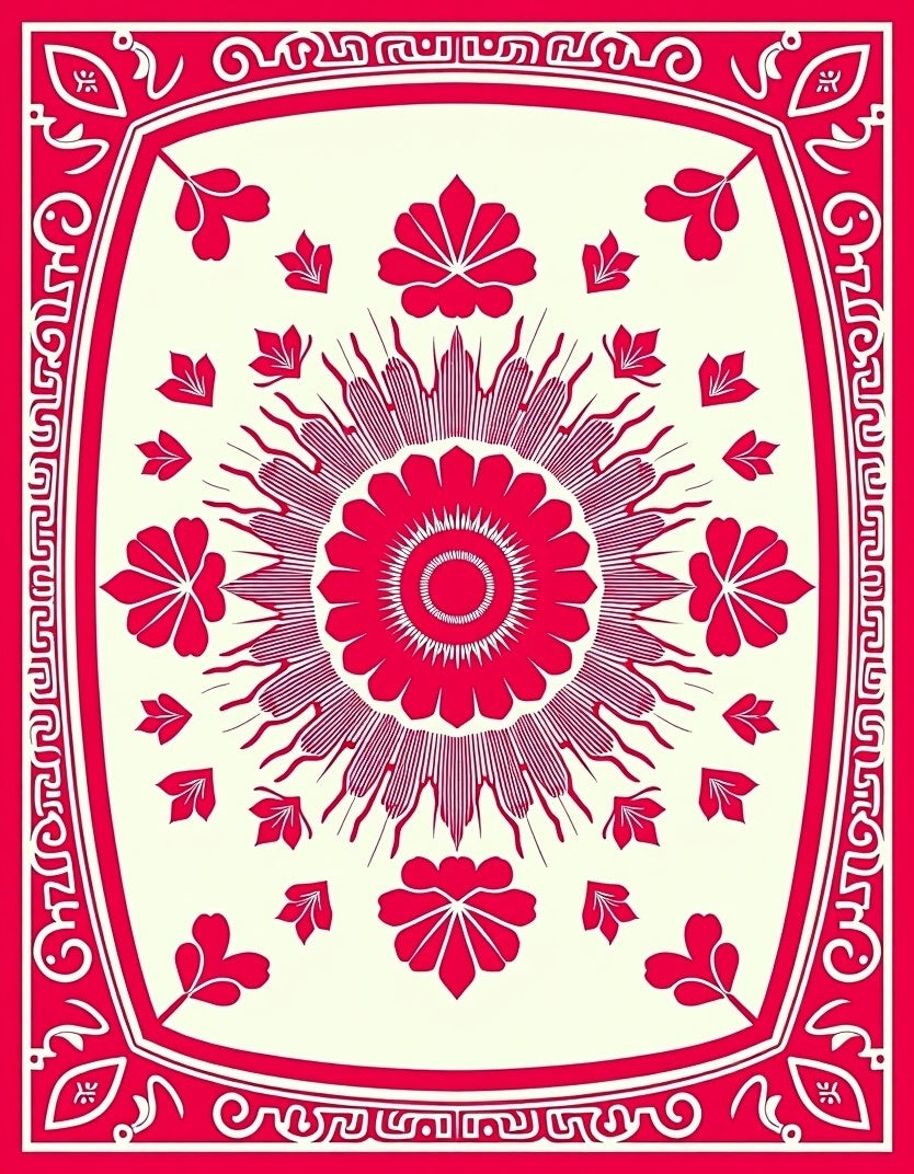 Vibrant Red Festive Floral Design Rug