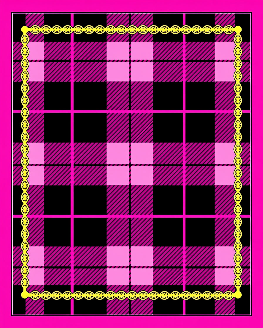 Bold Pink Black Plaid Chain Border Rug