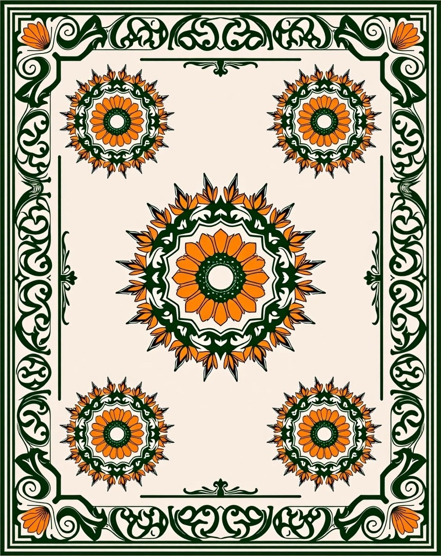 Orange Green Mandala Border Rug