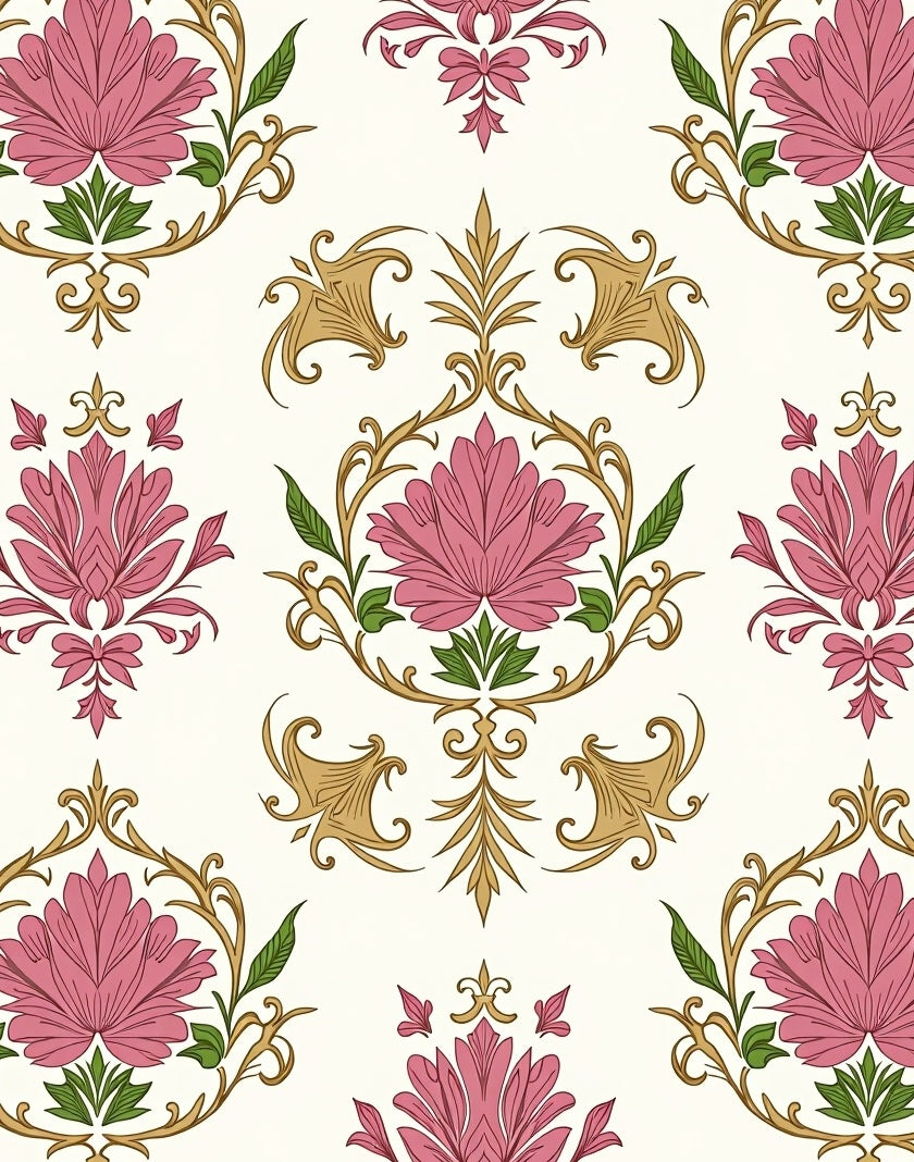 Pink Floral Swirls Gold Accents Rug