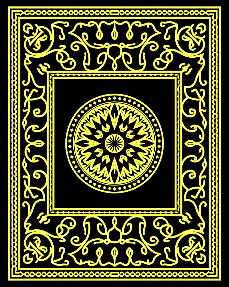 Ornate Yellow Black Geometric Medallion Design Rug