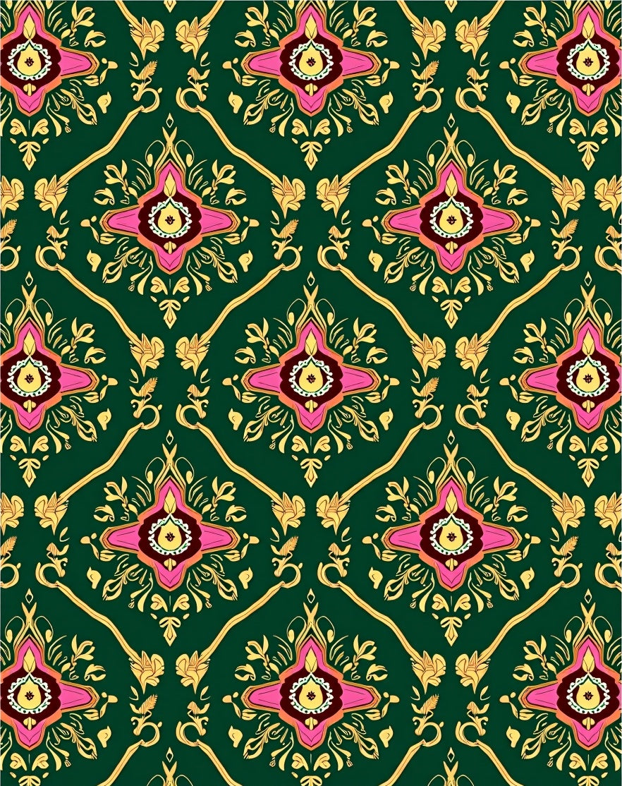 Ornate Floral Patterned Green and Gold Rug