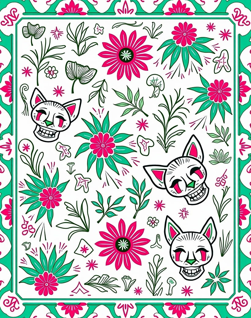 Whimsical Cat Skull Floral Pattern Rug