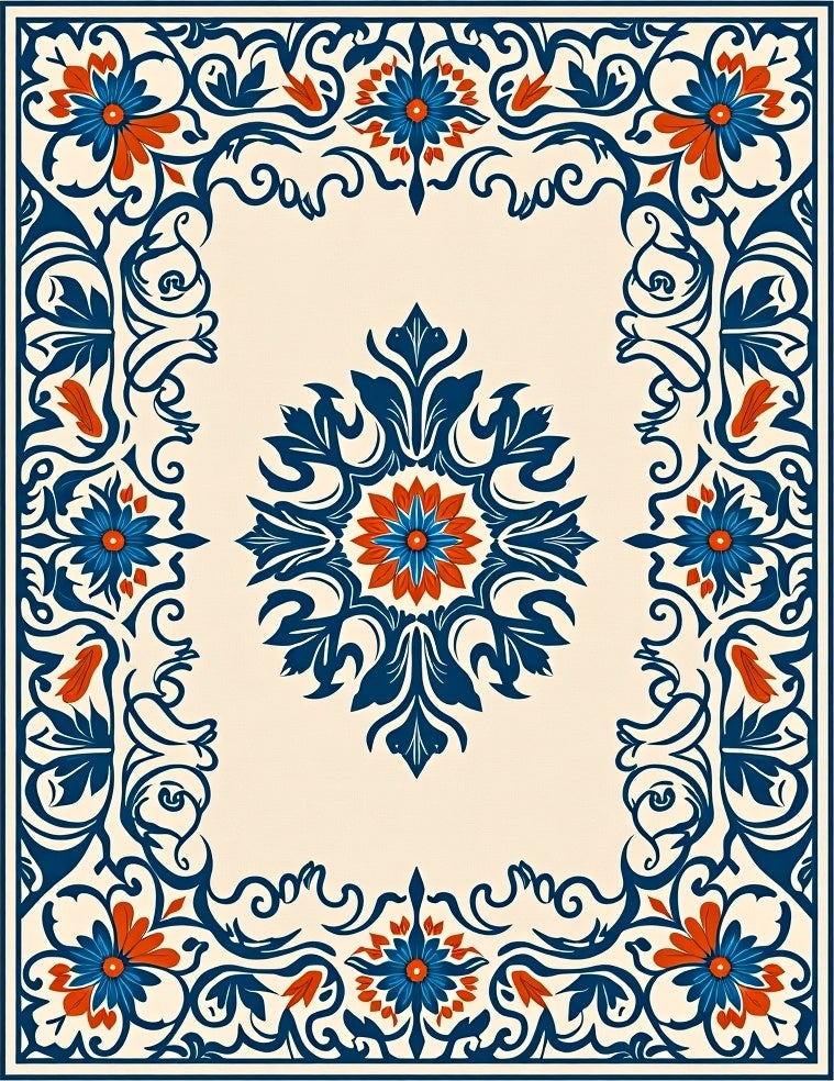 Ornate Floral Border Pattern Rug