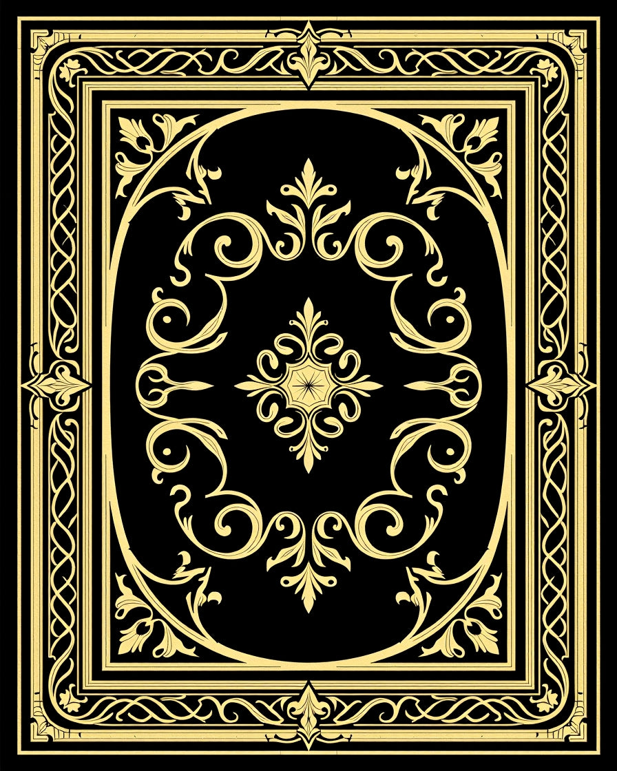 Elaborate Black Gold Floral Scroll Rug