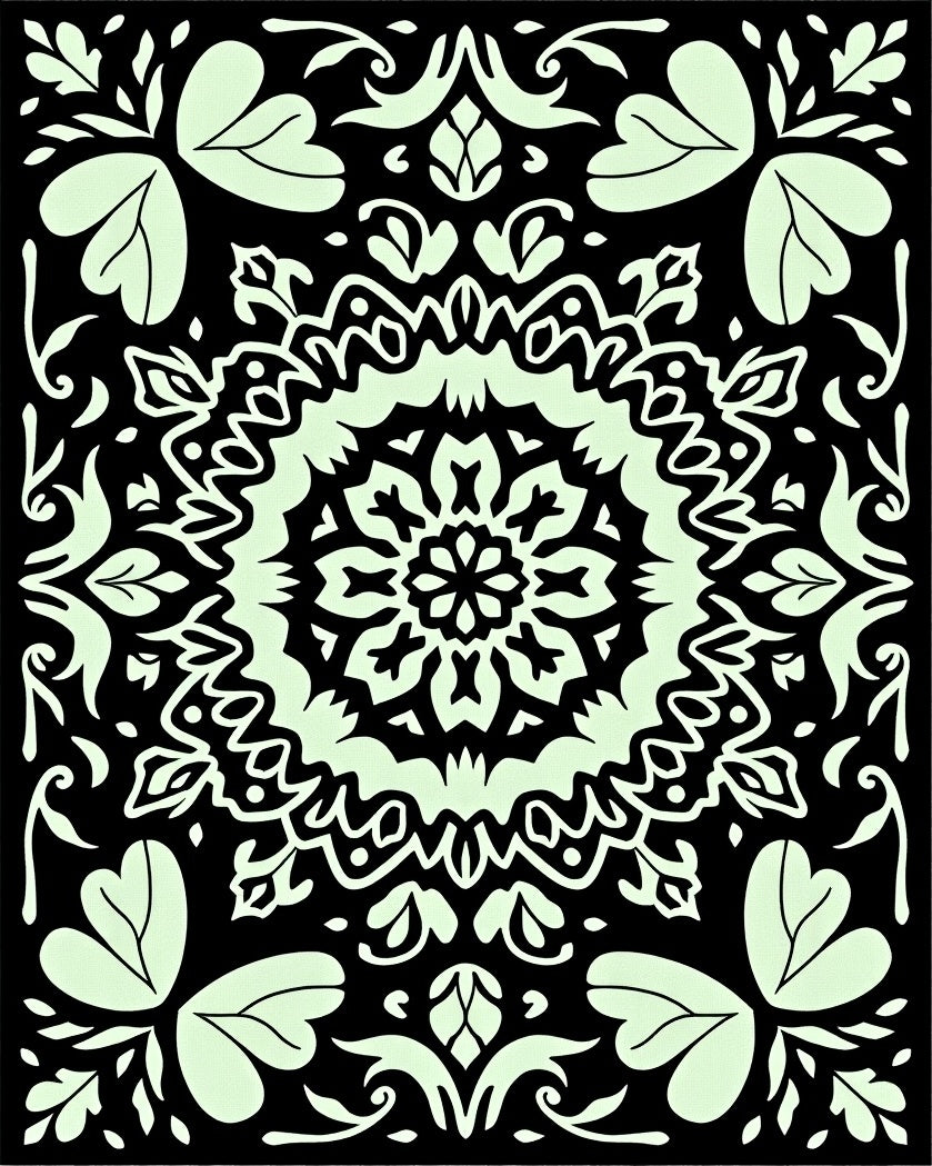 Intricate Floral Mandala Black and Light Green Rug