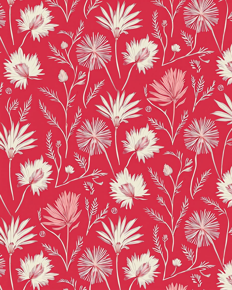 Tropical Floral Patterned Bright Red Rug