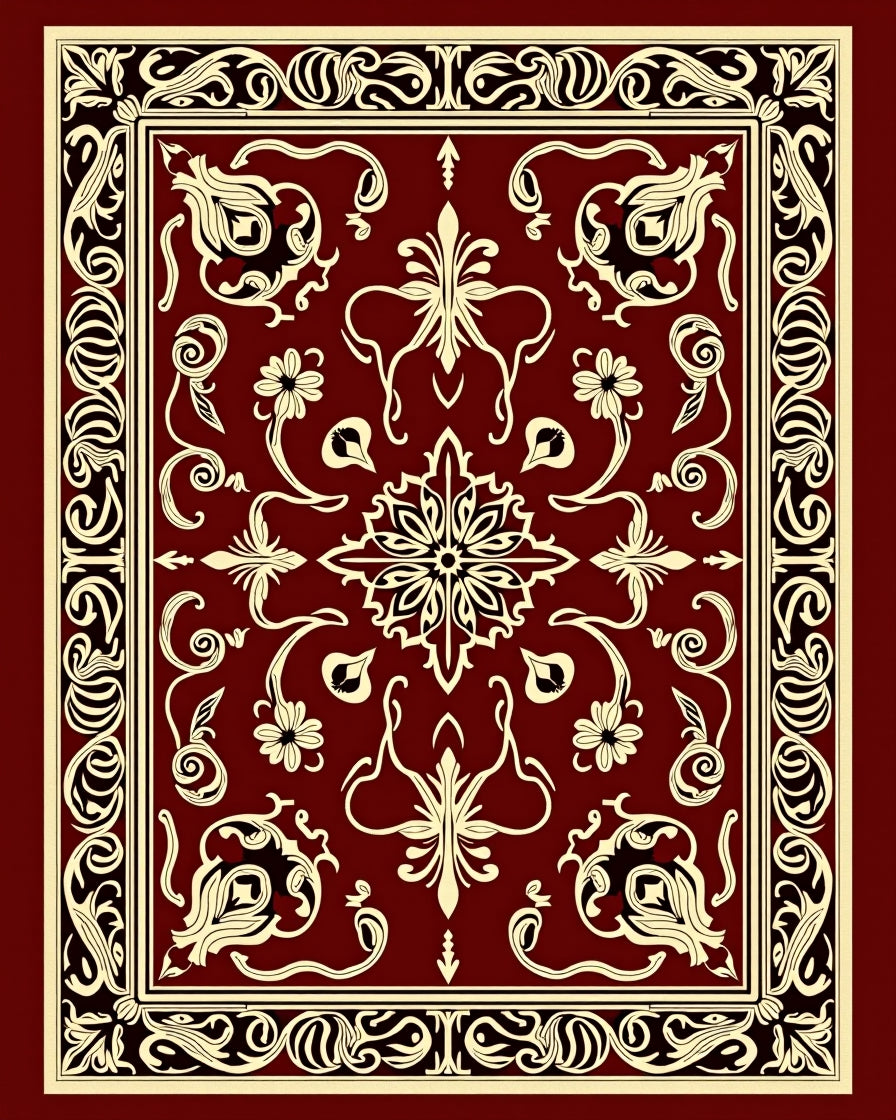 Rich Red Floral Scroll Pattern Rug