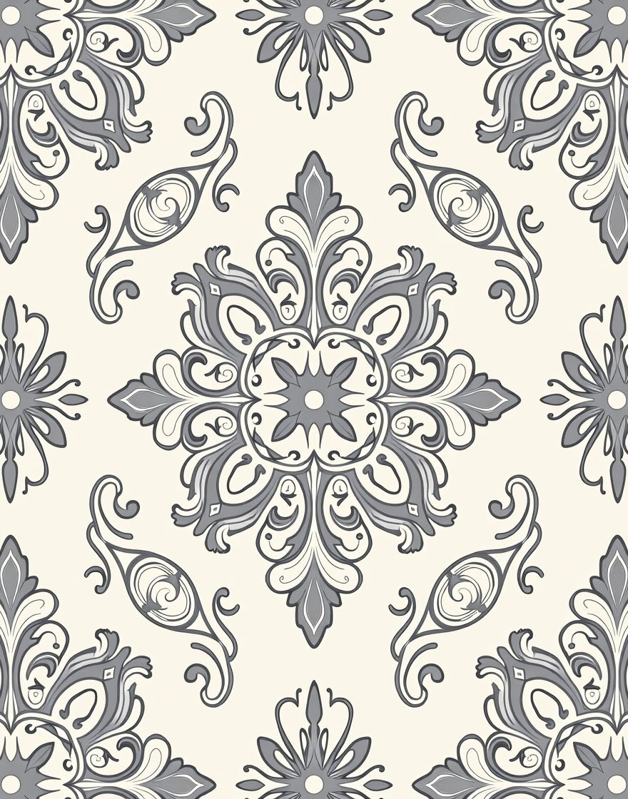 Ornate Grey Floral Damask Pattern Rug