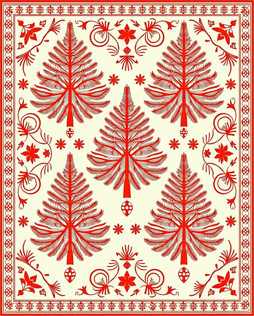 Red Tree Patterned Folk Rug