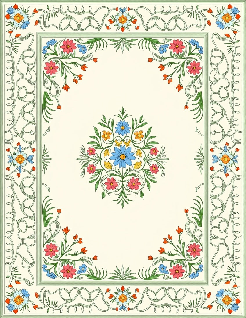 Green Floral Bordered Cream Rug