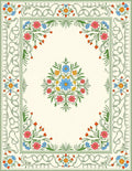Green Floral Bordered Cream Rug
