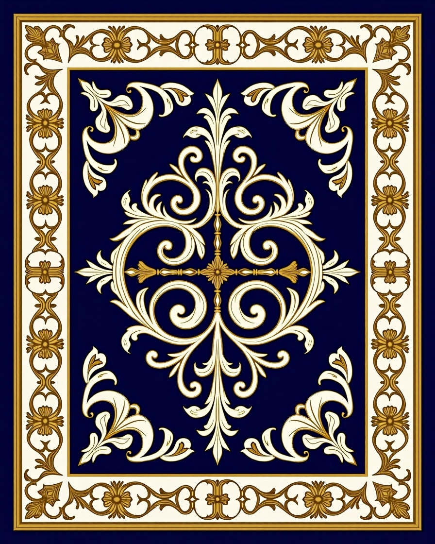 Ornate Floral Scrollwork on Deep Blue Rug