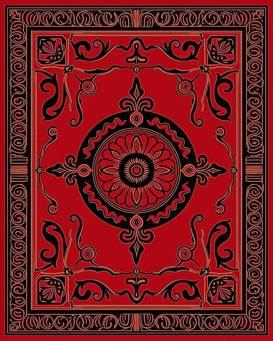 Ornate Black Red Floral Medallion Pattern Rug