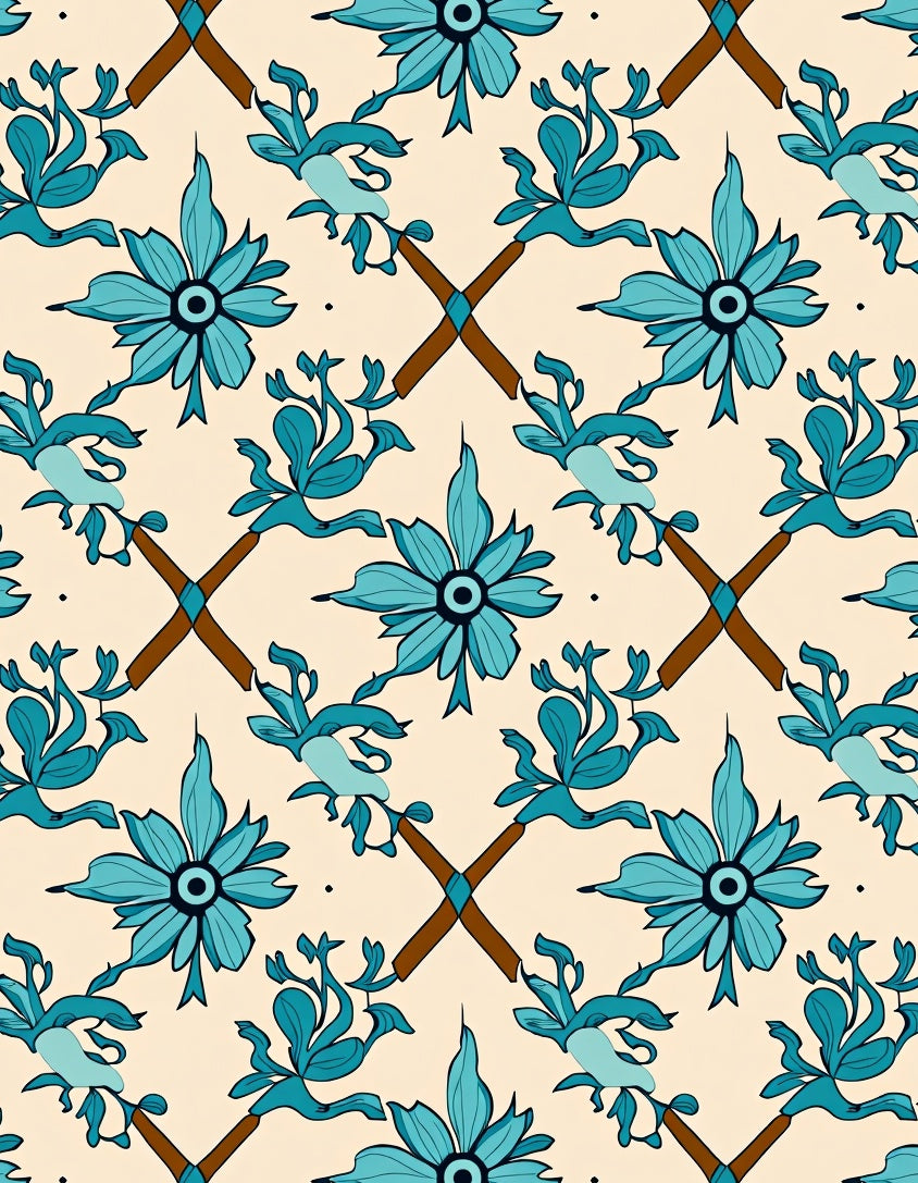 Elegant Teal Floral Diamond Pattern Rug