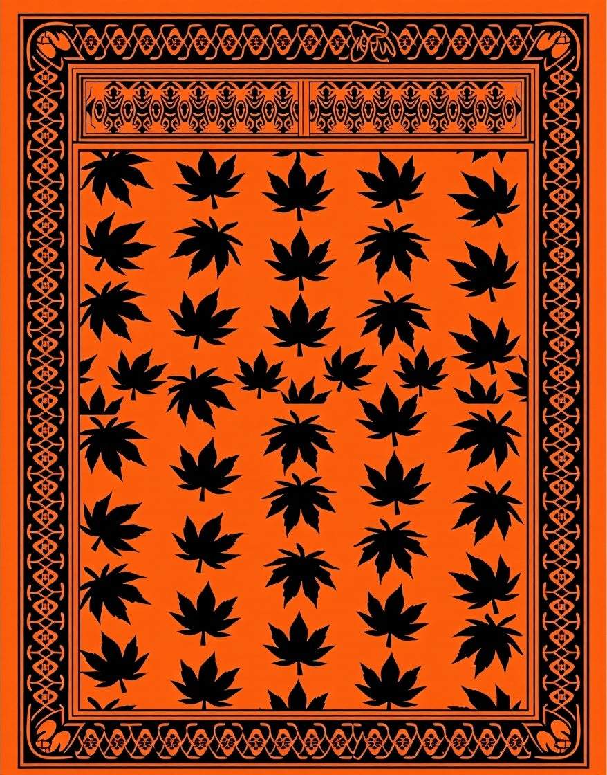 Orange Black Leaf Pattern Border Rug