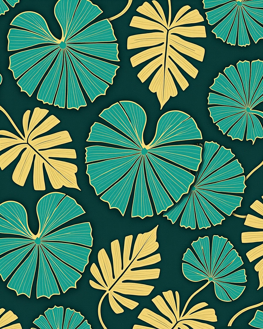 Teal Golden Tropical Leaf Arrangement Rug