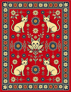 Red Floral Cat Patterned Design Rug