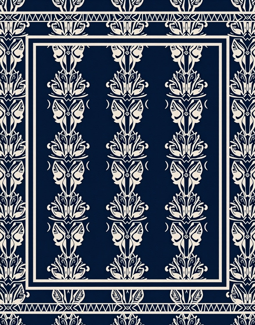 Art Deco Ivory Navy Floral Design Rug