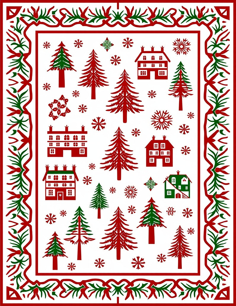 Winter Village Red Green Trees Snowflakes Rug