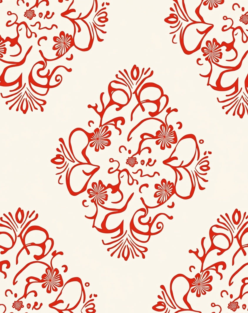 Classic Red Floral Scroll Pattern Rug